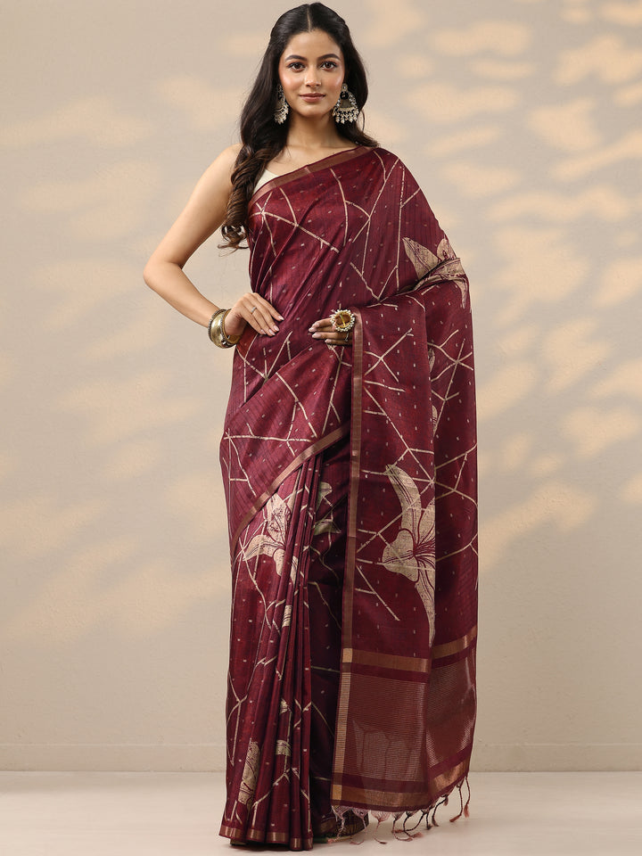 Red Printed Silk Blend Saree With Unstitched Blouse Piece