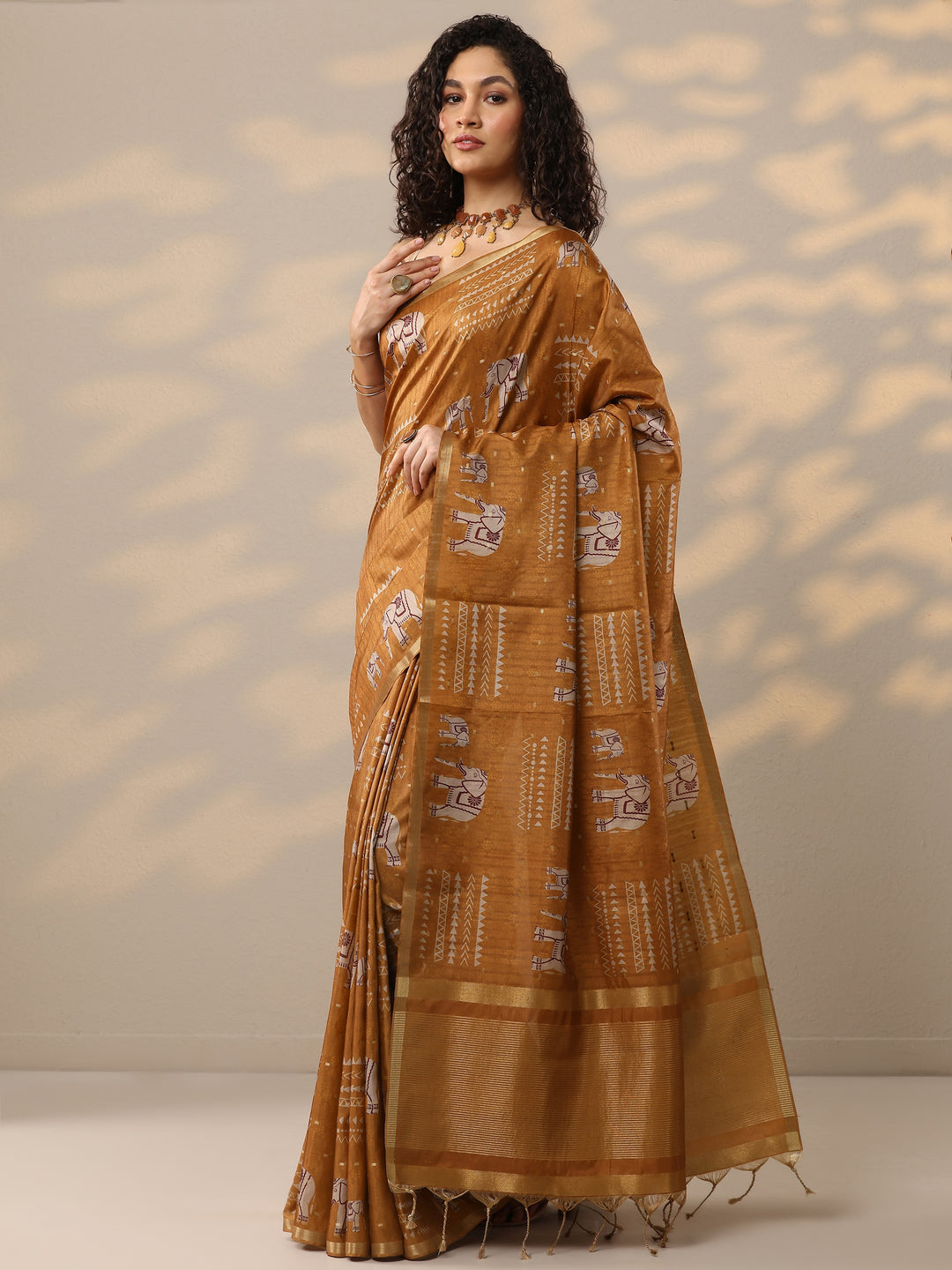 Rust Printed Silk Blend Sarees With Unstitched Blouse Piece