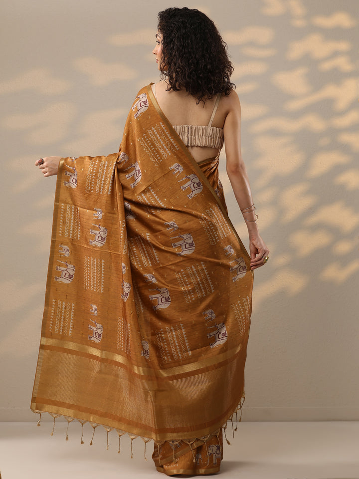 Rust Printed Silk Blend Sarees With Unstitched Blouse Piece