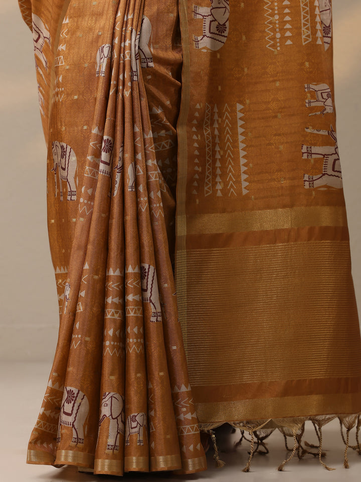 Rust Printed Silk Blend Sarees With Unstitched Blouse Piece
