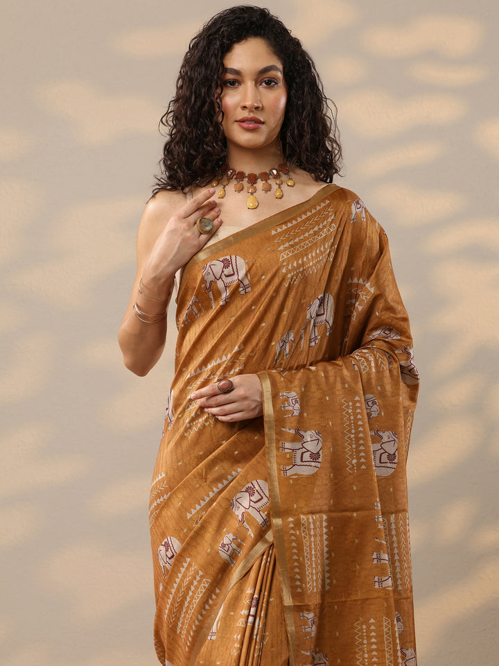 Rust Printed Silk Blend Sarees With Unstitched Blouse Piece