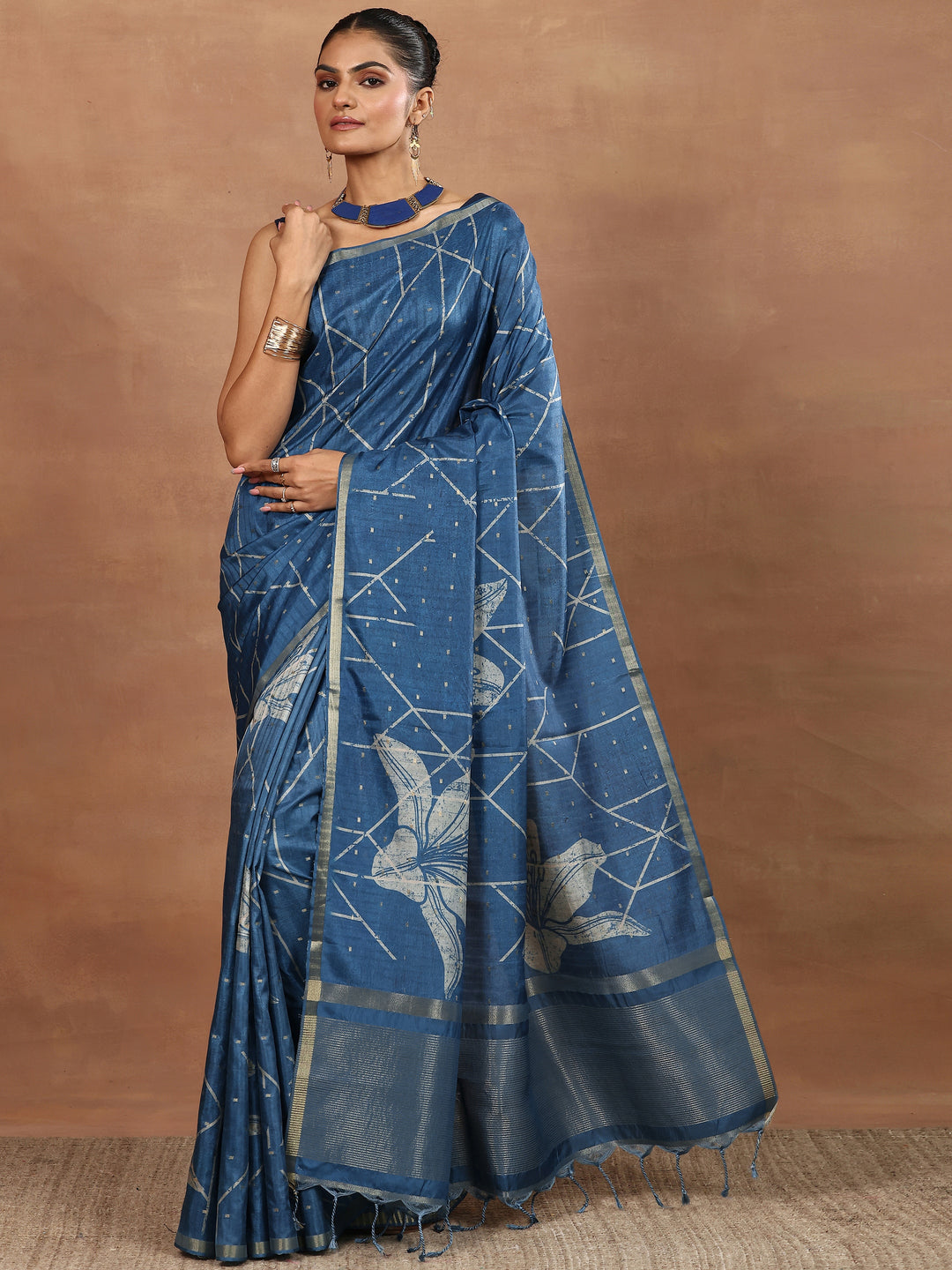 Blue Printed Silk Blend Sarees With Unstitched Blouse Piece