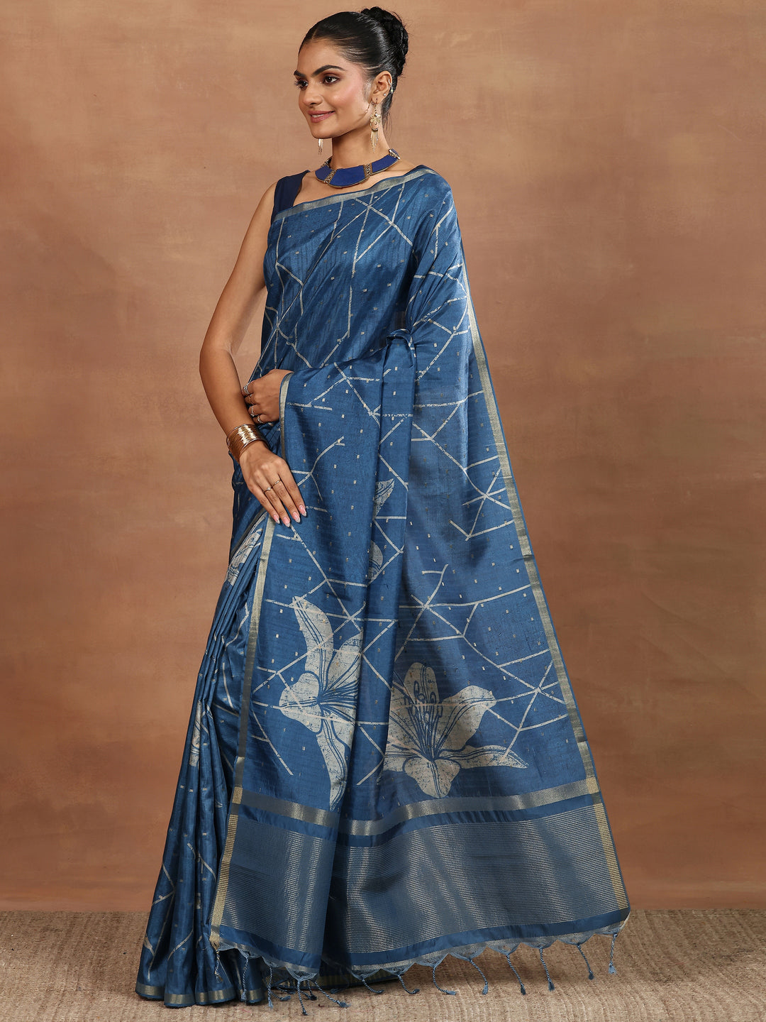 Blue Printed Silk Blend Sarees With Unstitched Blouse Piece