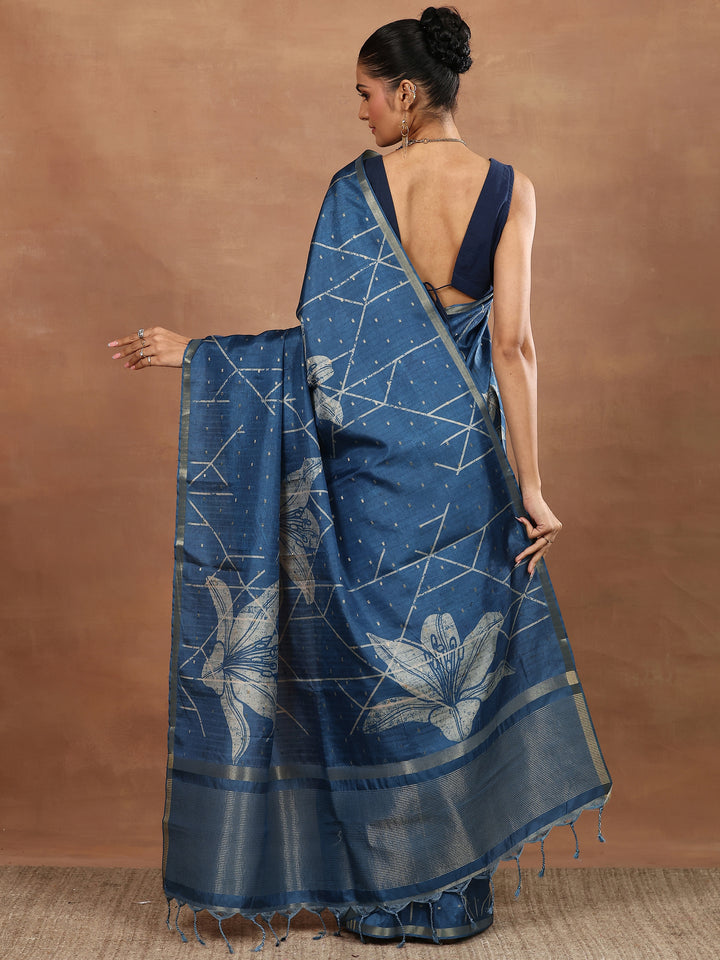 Blue Printed Silk Blend Sarees With Unstitched Blouse Piece