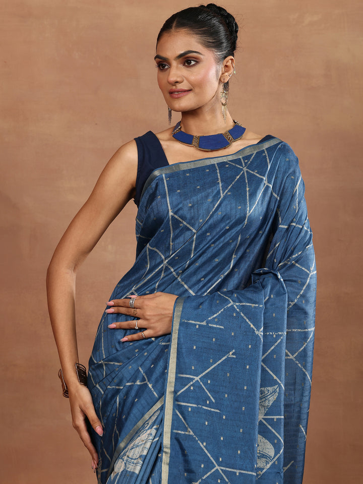 Blue Printed Silk Blend Sarees With Unstitched Blouse Piece