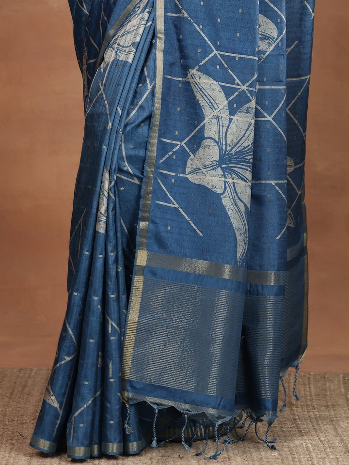 Blue Printed Silk Blend Sarees With Unstitched Blouse Piece
