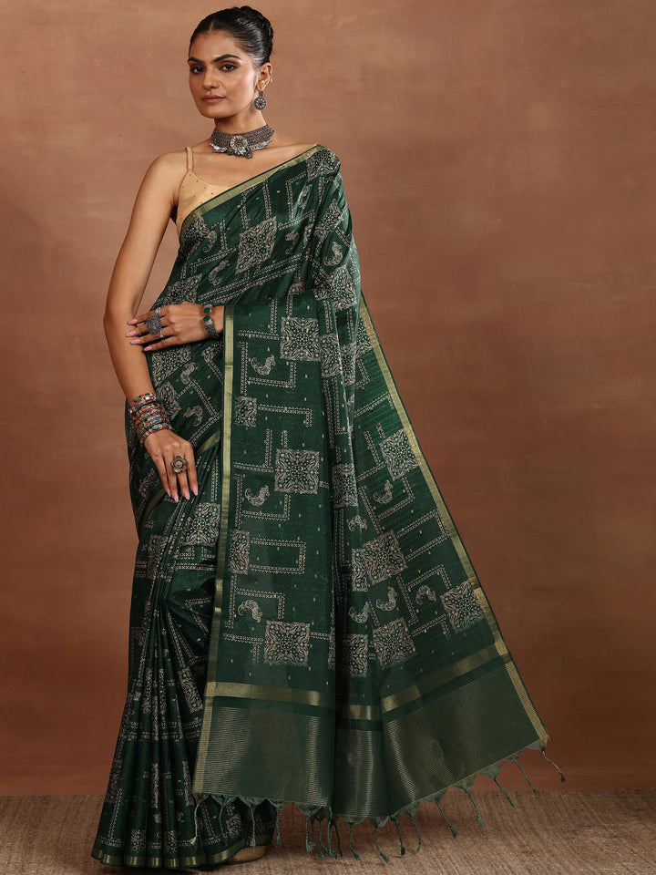 Green Printed Silk Blend Sarees With Unstitched Blouse Piece