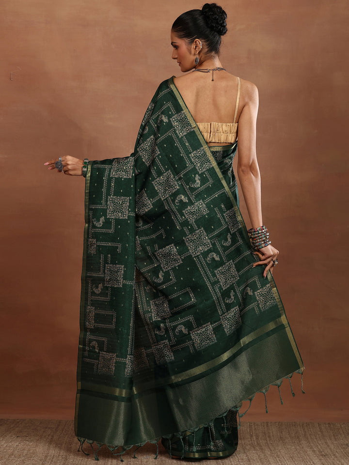 Green Printed Silk Blend Sarees With Unstitched Blouse Piece