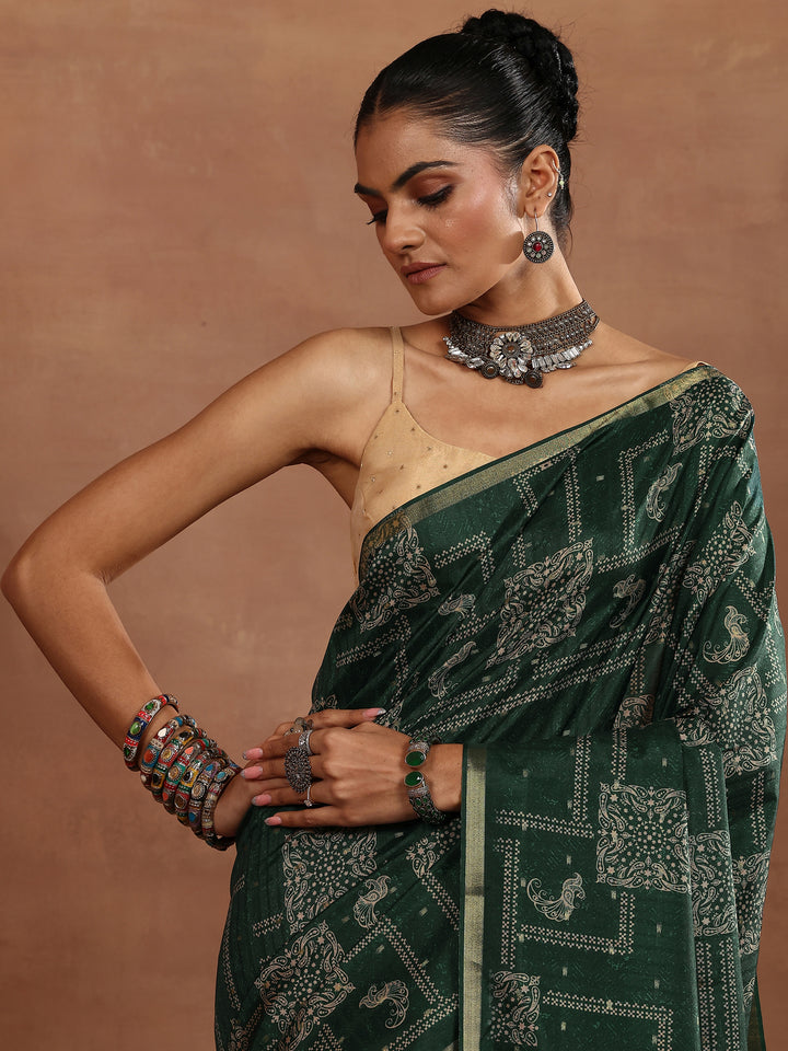 Green Printed Silk Blend Sarees With Unstitched Blouse Piece