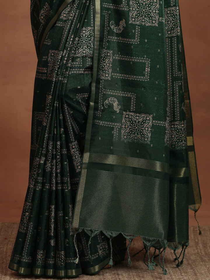 Green Printed Silk Blend Sarees With Unstitched Blouse Piece