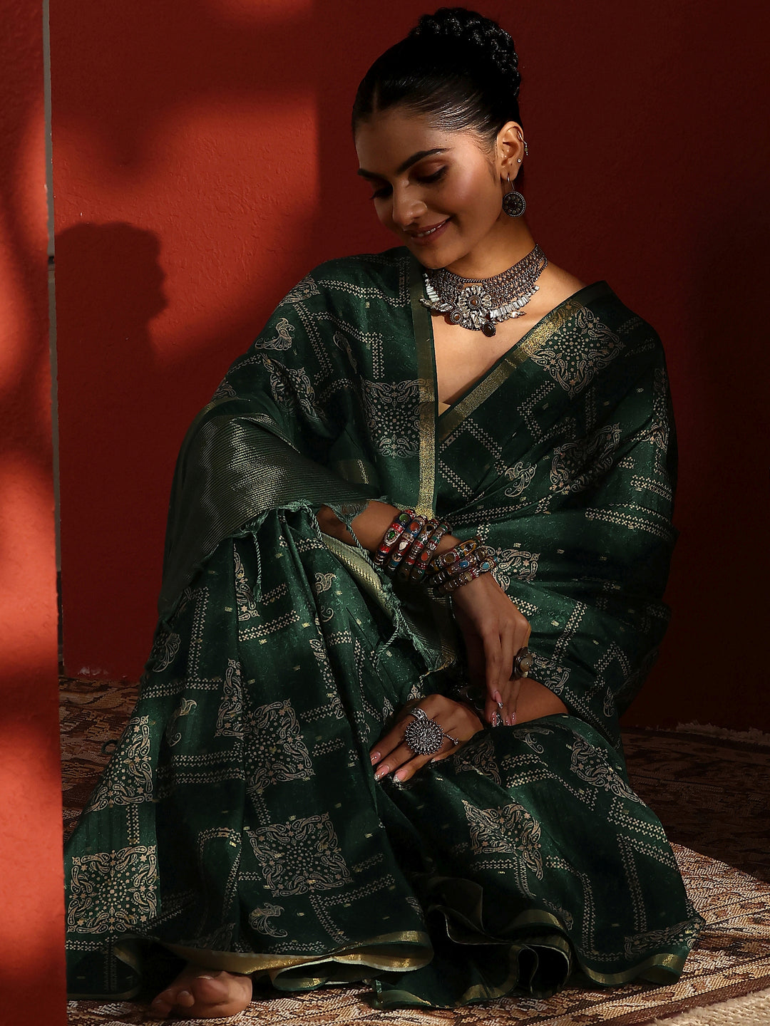 Green Printed Silk Blend Sarees With Unstitched Blouse Piece