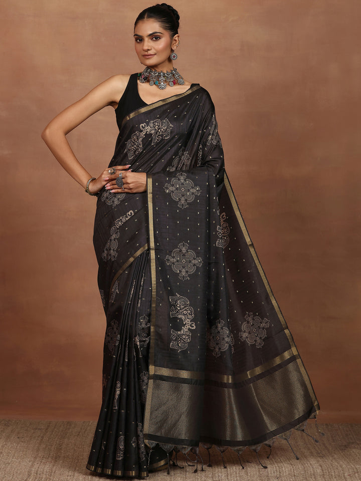 Grey Printed Silk Blend Sarees With Unstitched Blouse Piece