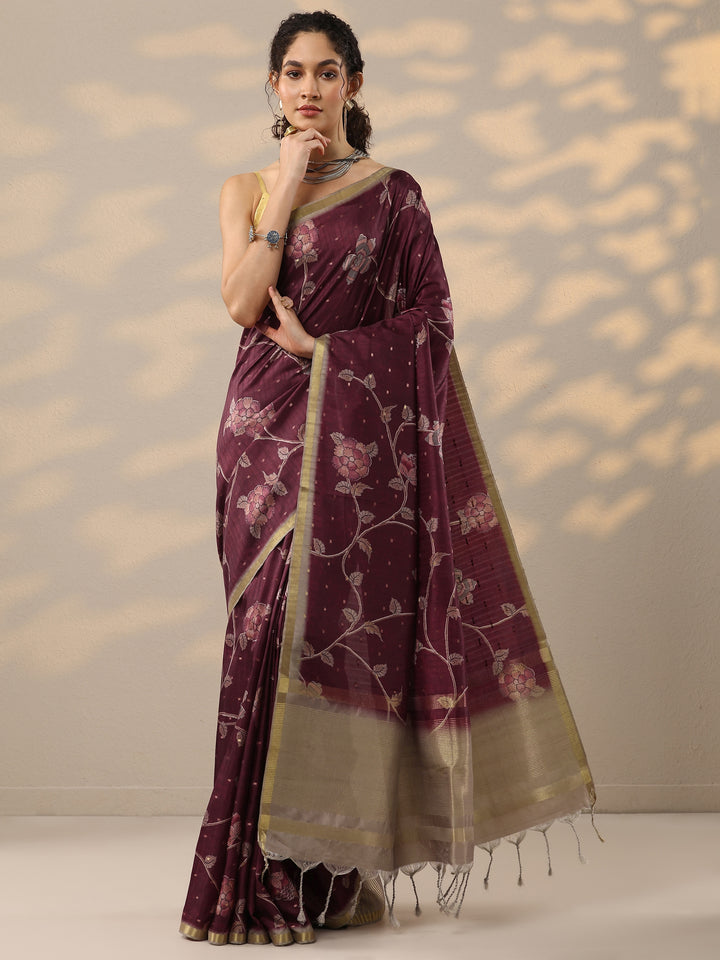 Red Printed Silk Blend Saree With Unstitched Blouse Piece