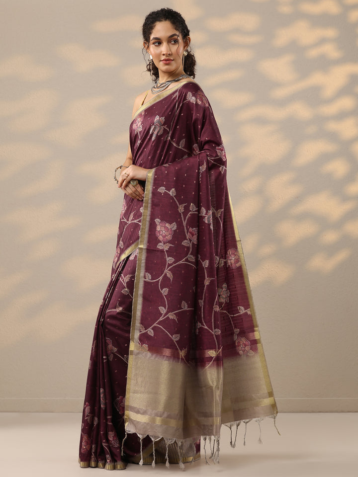 Red Printed Silk Blend Saree With Unstitched Blouse Piece