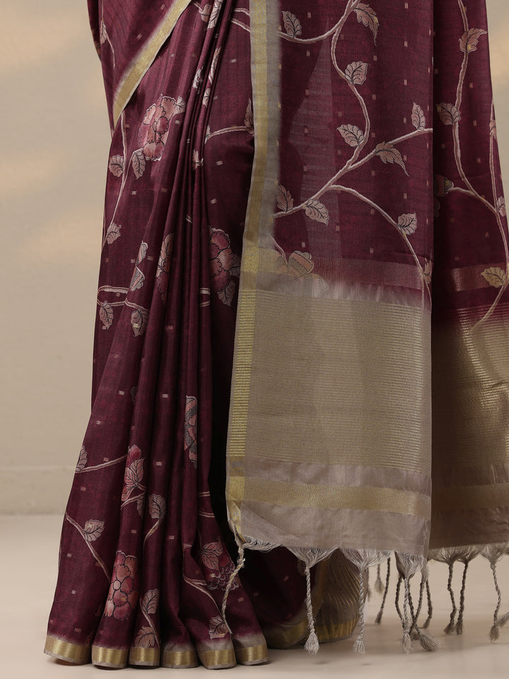 Red Printed Silk Blend Saree With Unstitched Blouse Piece