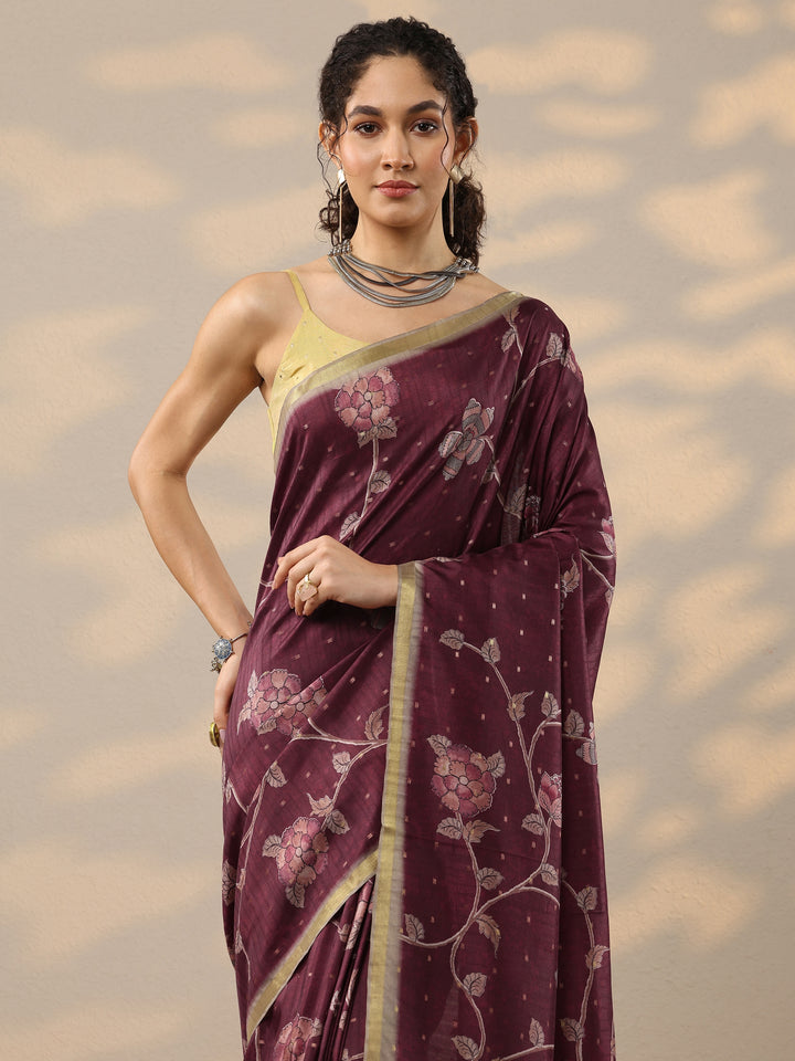 Red Printed Silk Blend Saree With Unstitched Blouse Piece