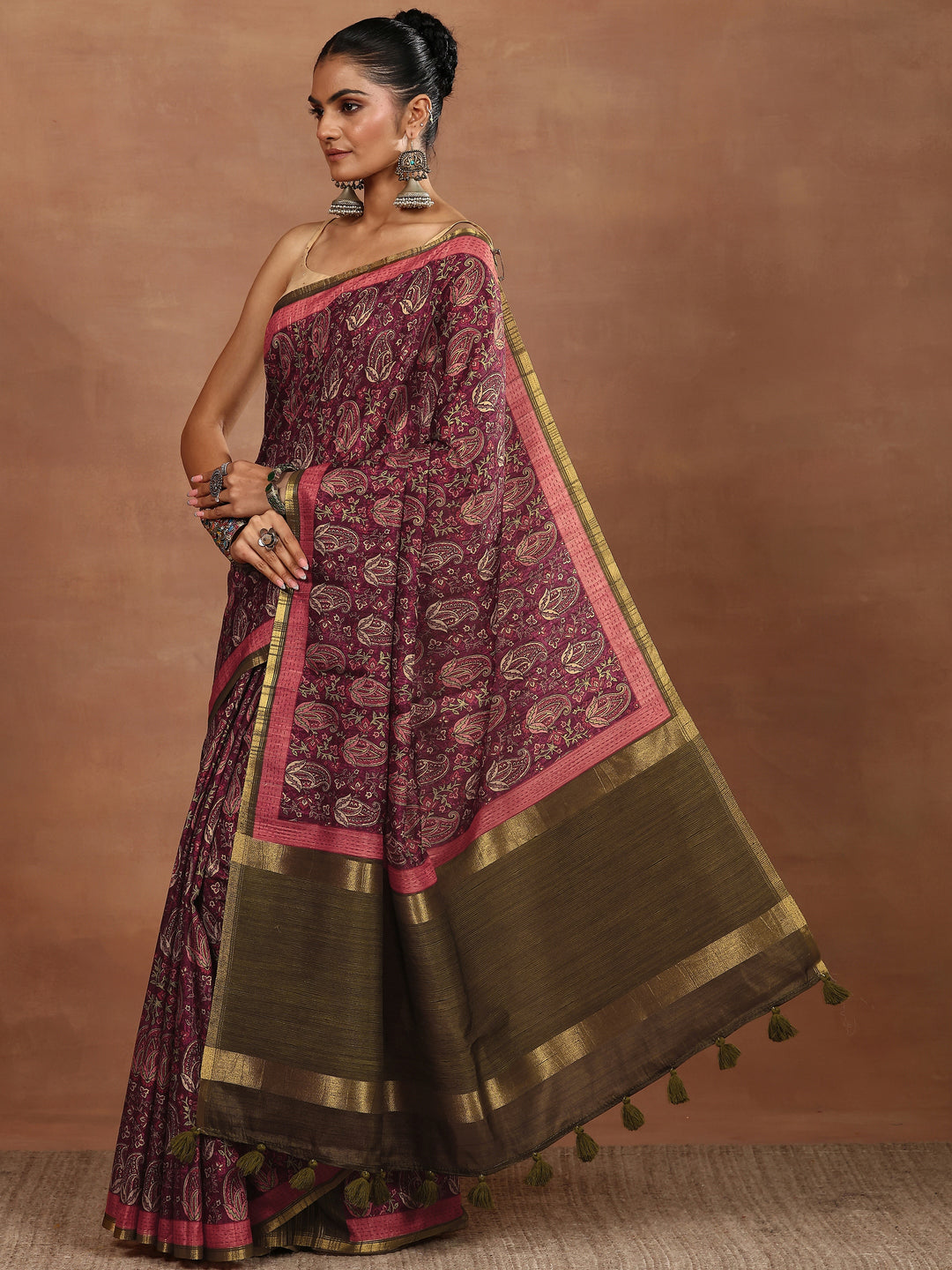 Burgundy Printed Silk Blend Sarees With Unstitched Blouse Piece
