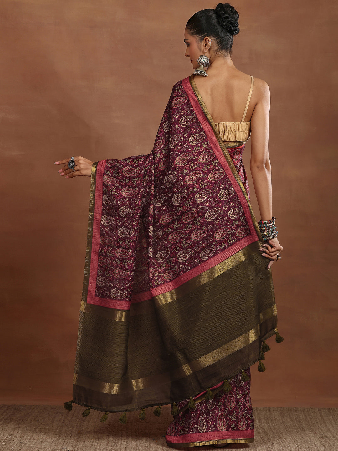 Burgundy Printed Silk Blend Sarees With Unstitched Blouse Piece