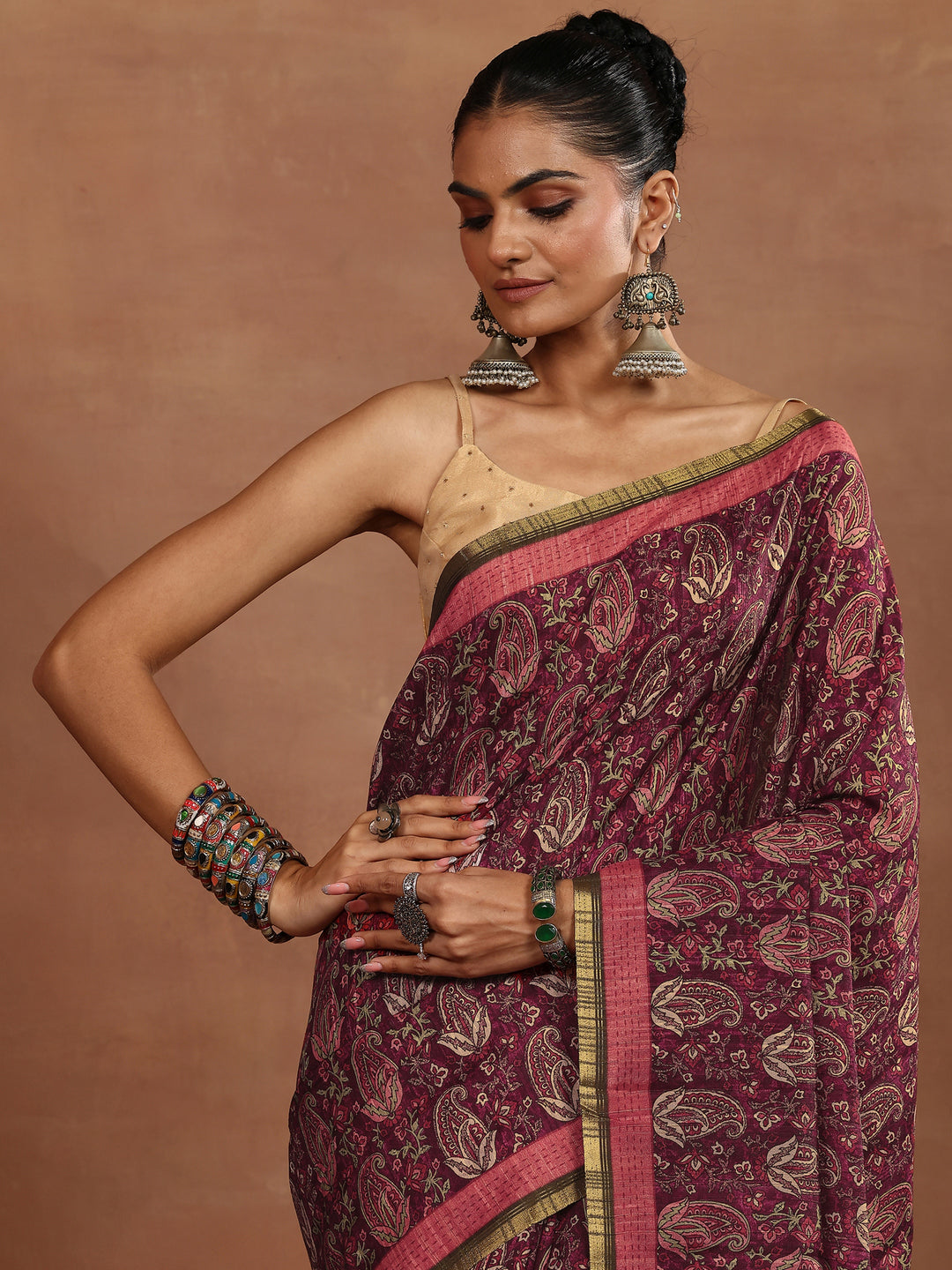 Burgundy Printed Silk Blend Sarees With Unstitched Blouse Piece