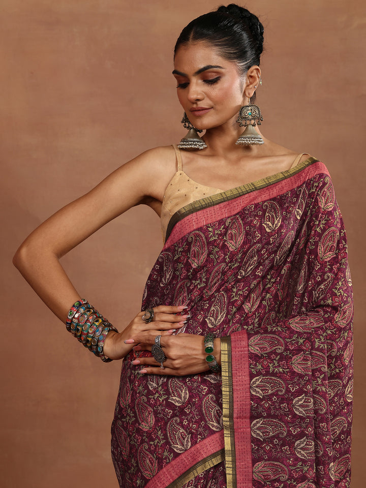 Burgundy Printed Silk Blend Sarees With Unstitched Blouse Piece