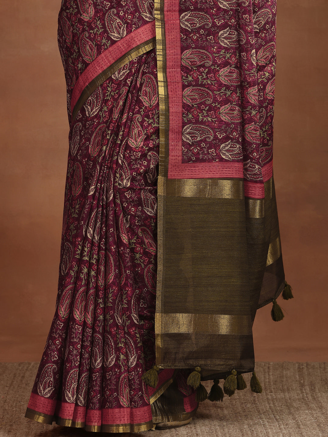 Burgundy Printed Silk Blend Sarees With Unstitched Blouse Piece
