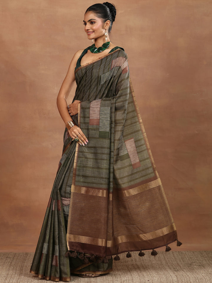 Green Printed Silk Blend Sarees With Unstitched Blouse Piece