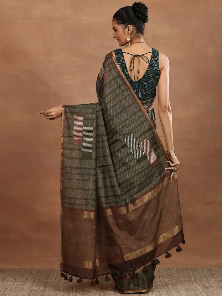 Green Printed Silk Blend Sarees With Unstitched Blouse Piece