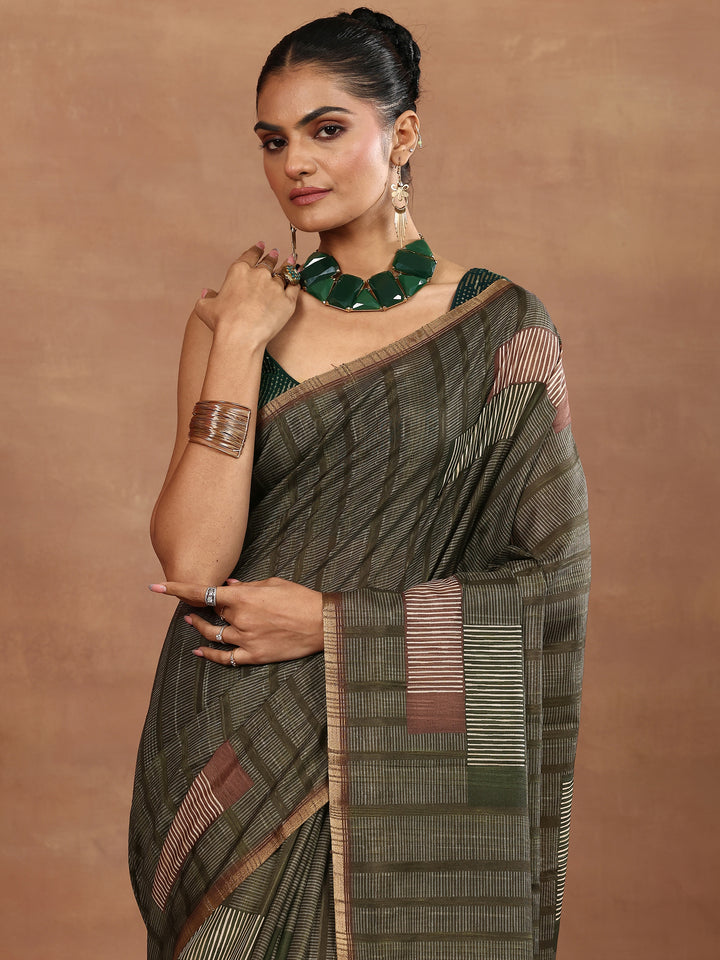 Green Printed Silk Blend Sarees With Unstitched Blouse Piece