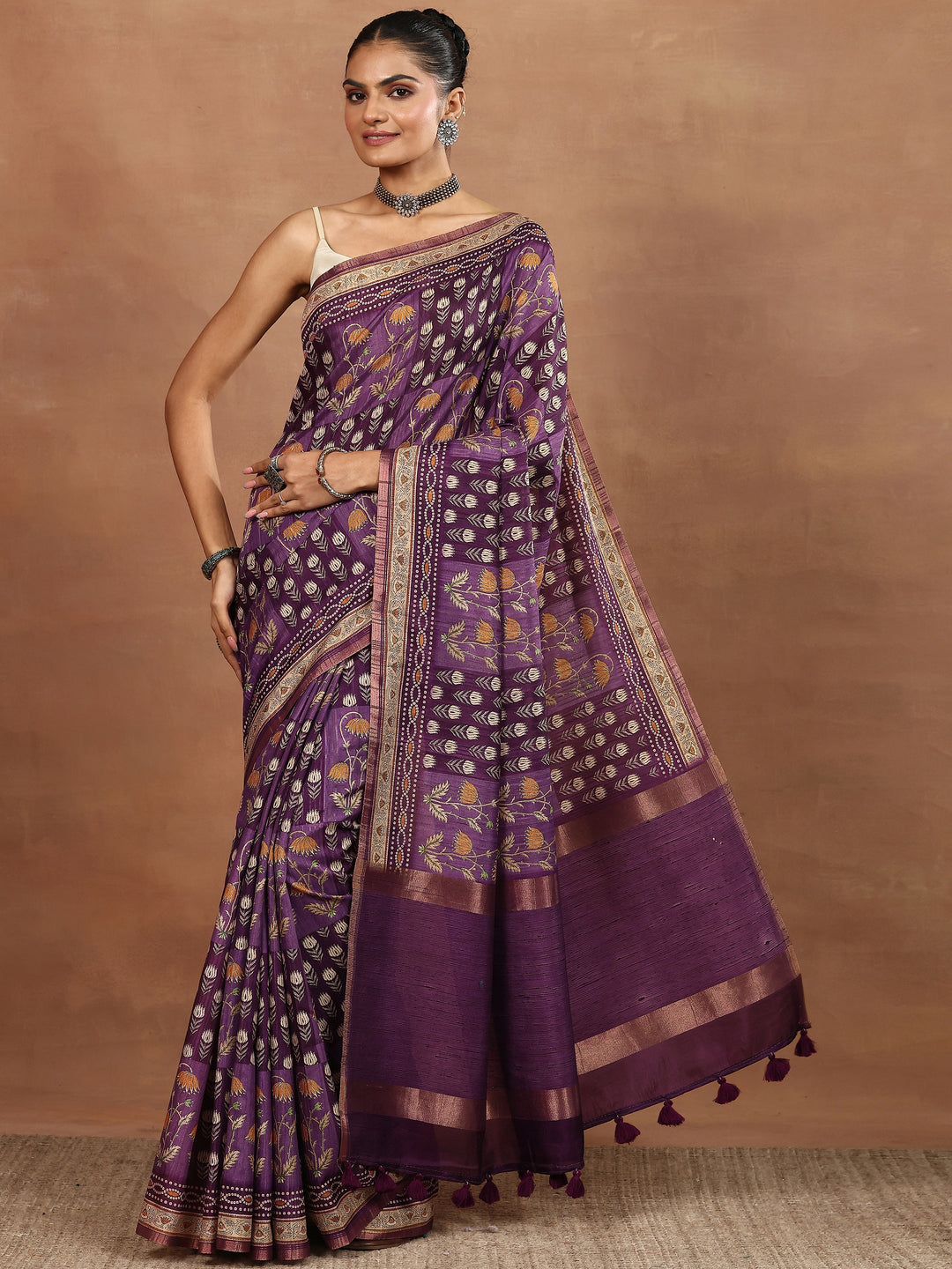 Purple Printed Silk Blend Sarees With Unstitched Blouse Piece