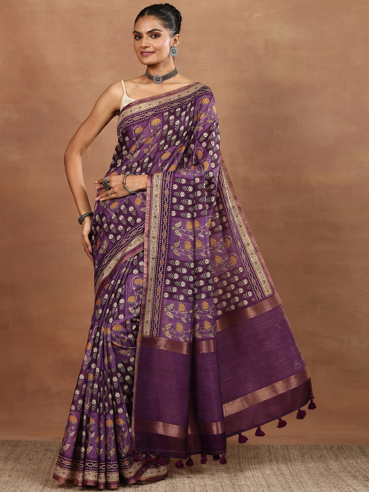 Purple Printed Silk Blend Sarees With Unstitched Blouse Piece
