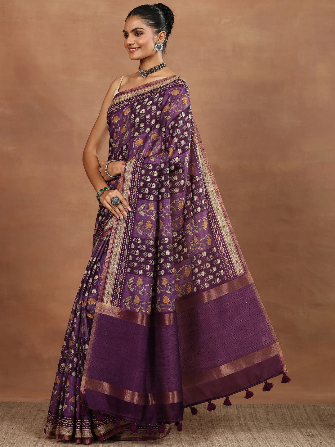 Purple Printed Silk Blend Sarees With Unstitched Blouse Piece