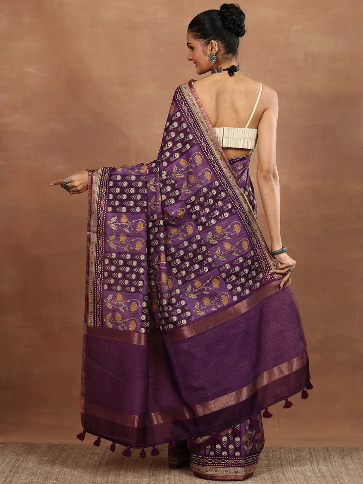 Purple Printed Silk Blend Sarees With Unstitched Blouse Piece