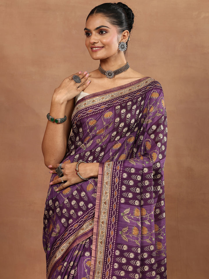 Purple Printed Silk Blend Sarees With Unstitched Blouse Piece