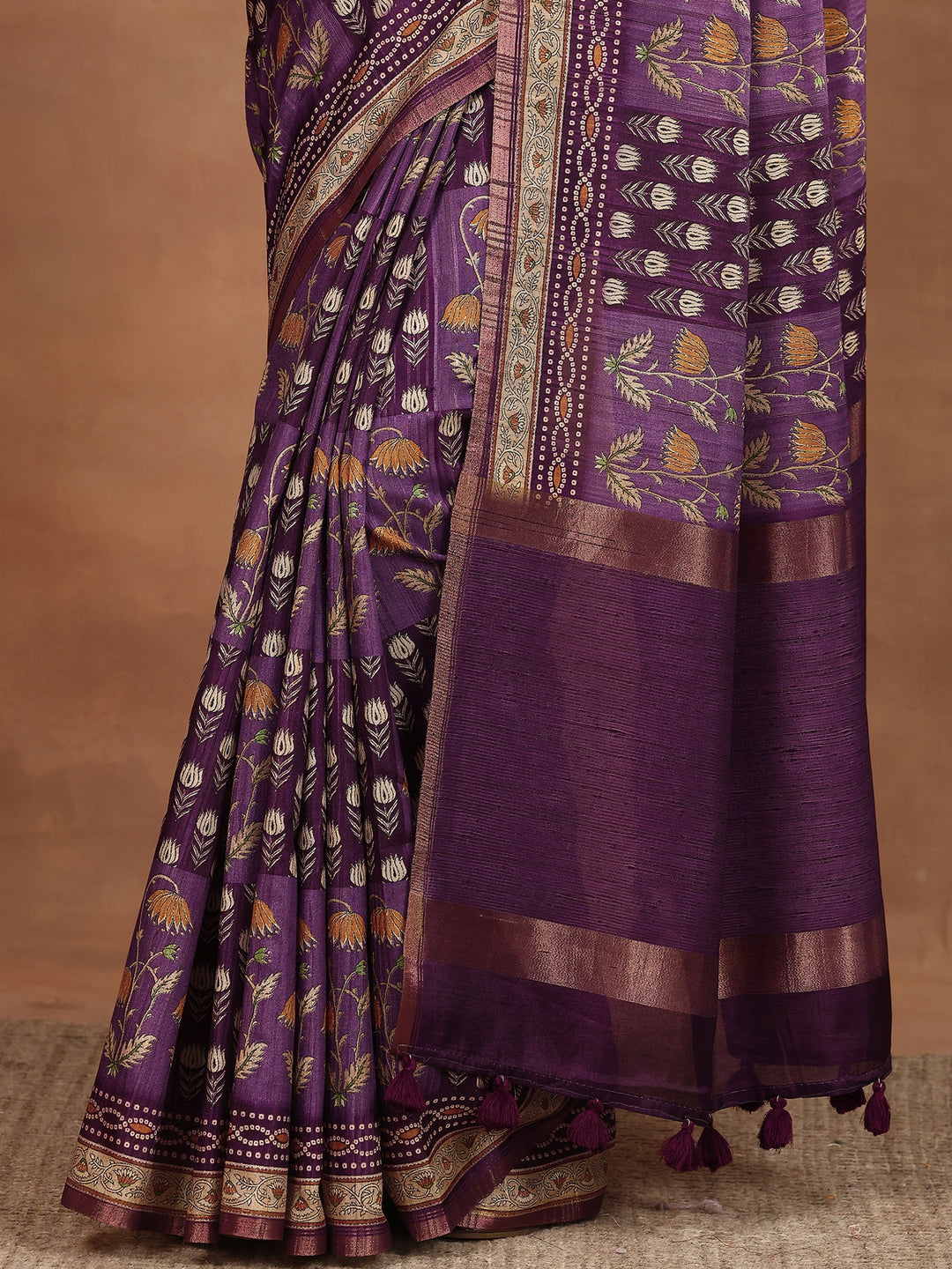 Purple Printed Silk Blend Sarees With Unstitched Blouse Piece