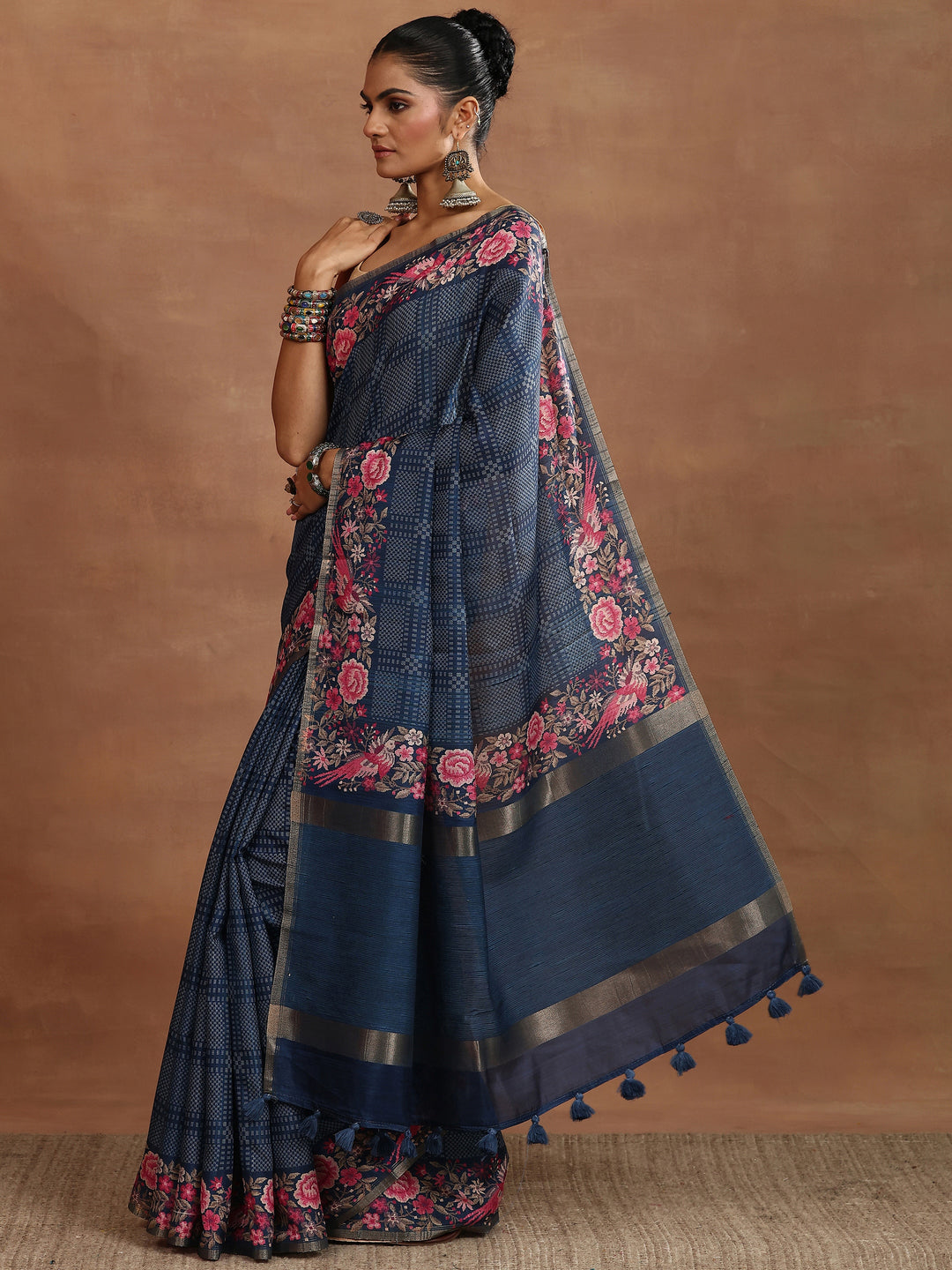 Blue Printed Silk Blend Sarees With Unstitched Blouse Piece
