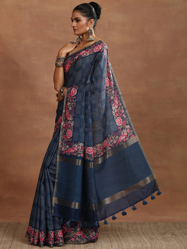 Blue Printed Silk Blend Sarees With Unstitched Blouse Piece