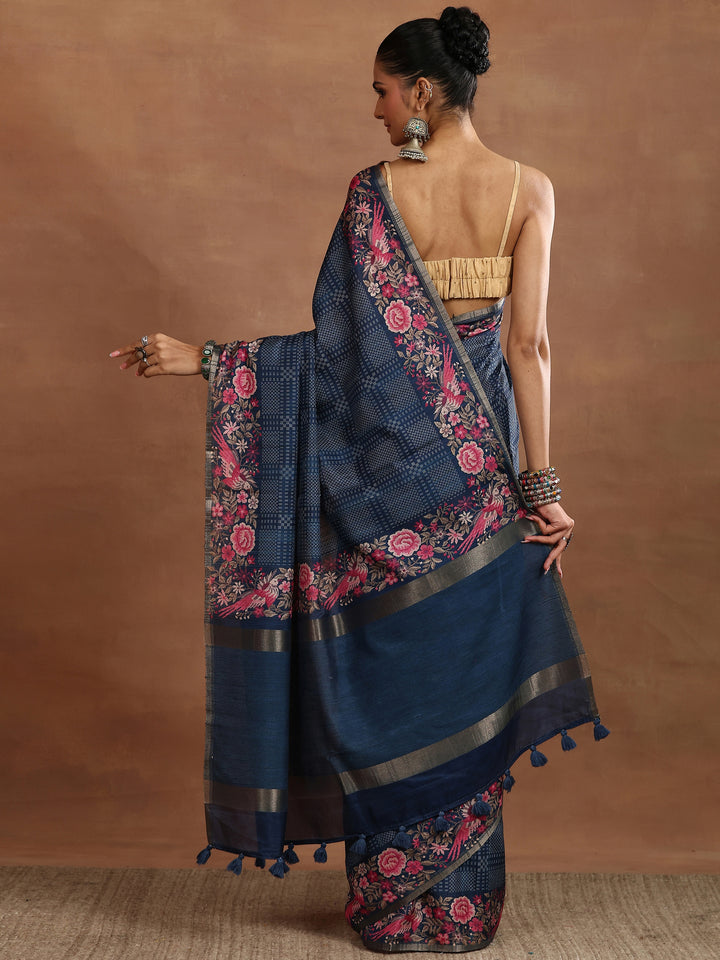 Blue Printed Silk Blend Sarees With Unstitched Blouse Piece