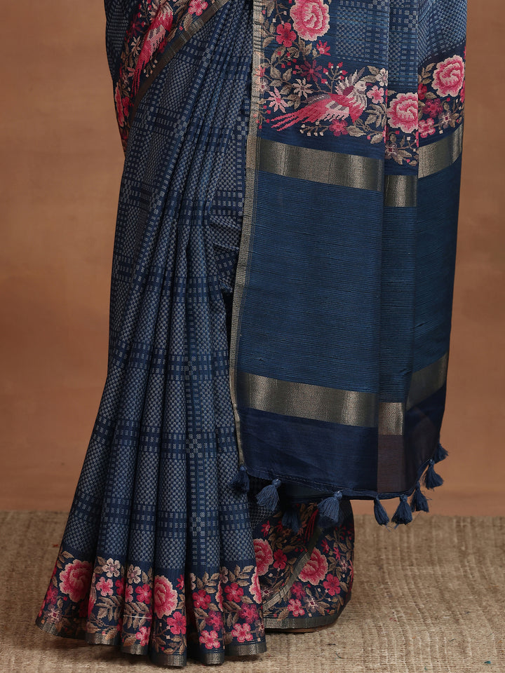 Blue Printed Silk Blend Sarees With Unstitched Blouse Piece