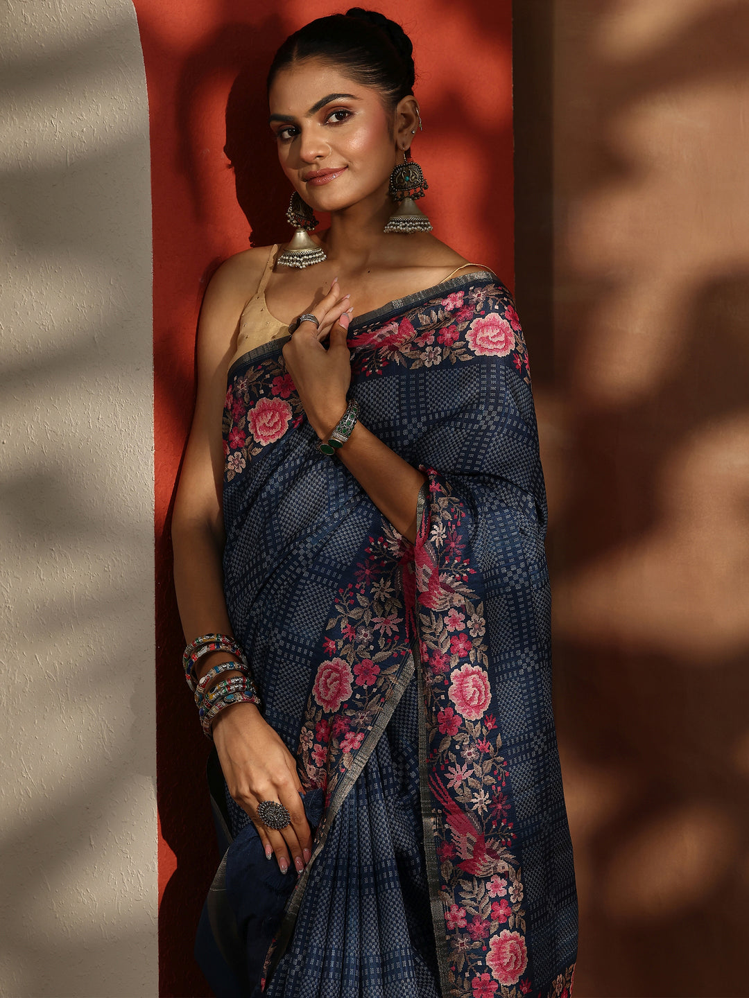 Blue Printed Silk Blend Sarees With Unstitched Blouse Piece