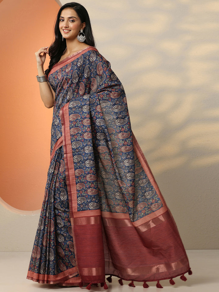 Blue Printed Silk Blend Saree With Unstitched Blouse Piece