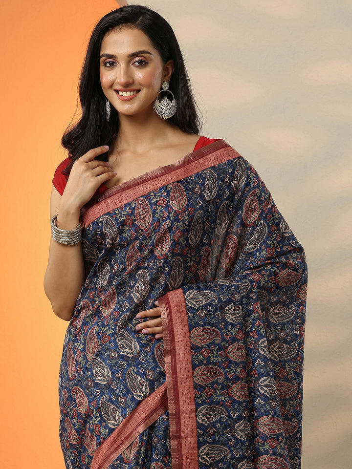 Blue Printed Silk Blend Saree With Unstitched Blouse Piece