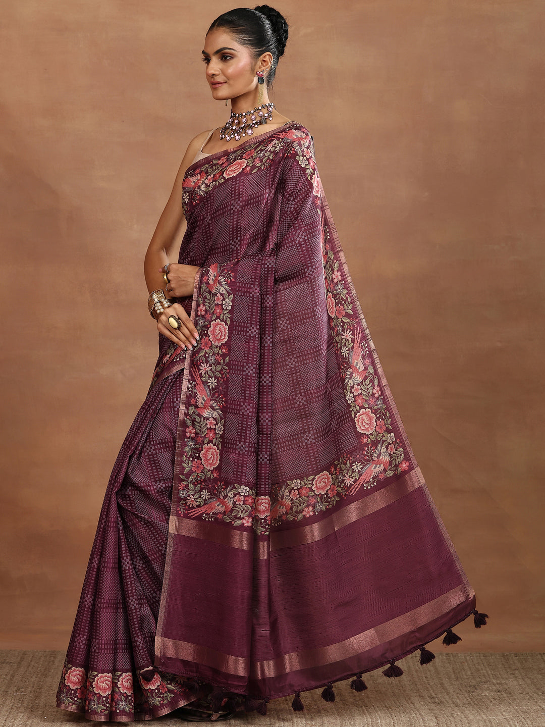 Maroon Printed Silk Blend Sarees With Unstitched Blouse Piece