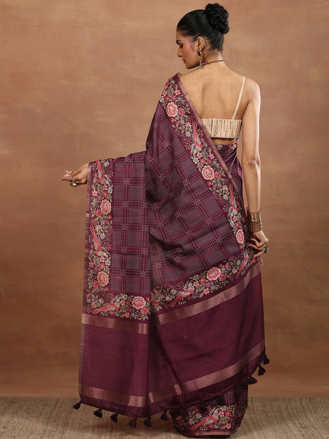Maroon Printed Silk Blend Sarees With Unstitched Blouse Piece