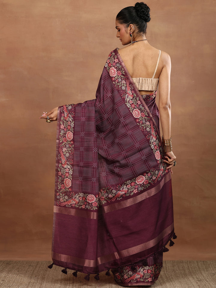 Maroon Printed Silk Blend Sarees With Unstitched Blouse Piece