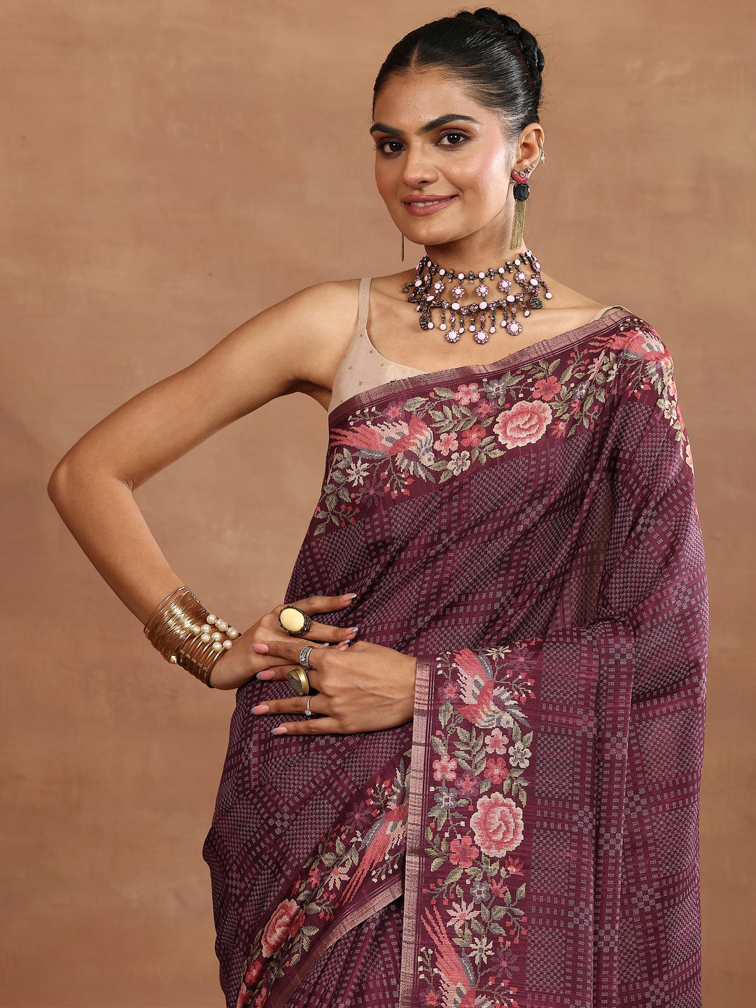 Maroon Printed Silk Blend Sarees With Unstitched Blouse Piece