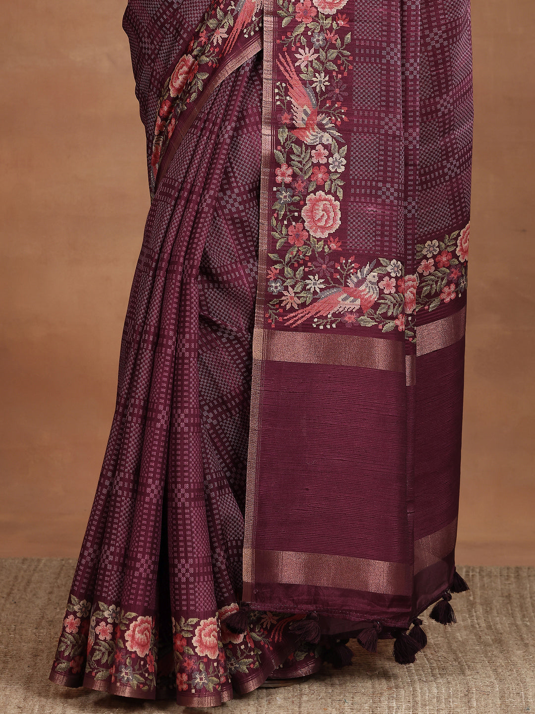Maroon Printed Silk Blend Sarees With Unstitched Blouse Piece