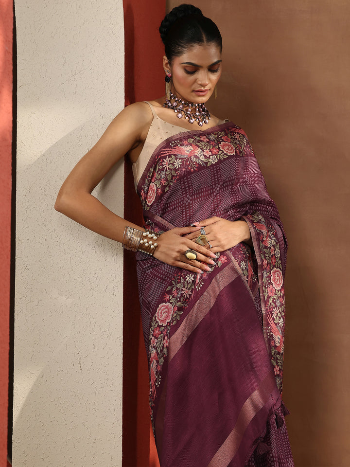 Maroon Printed Silk Blend Sarees With Unstitched Blouse Piece