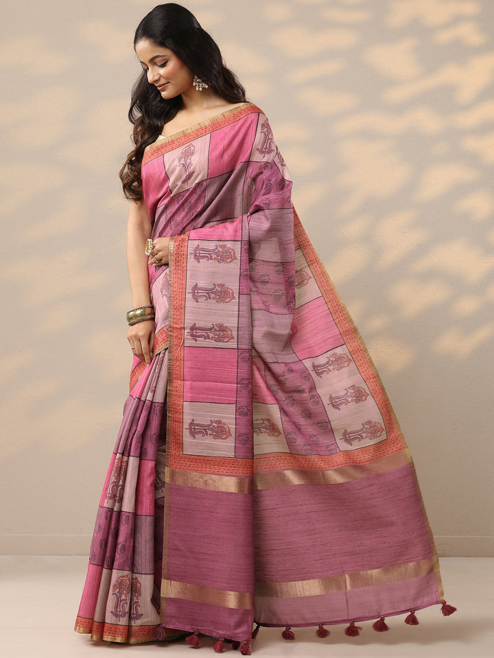 Pink Printed Silk Blend Saree With Unstitched Blouse Piece