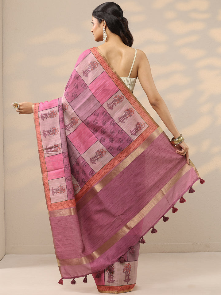 Pink Printed Silk Blend Saree With Unstitched Blouse Piece