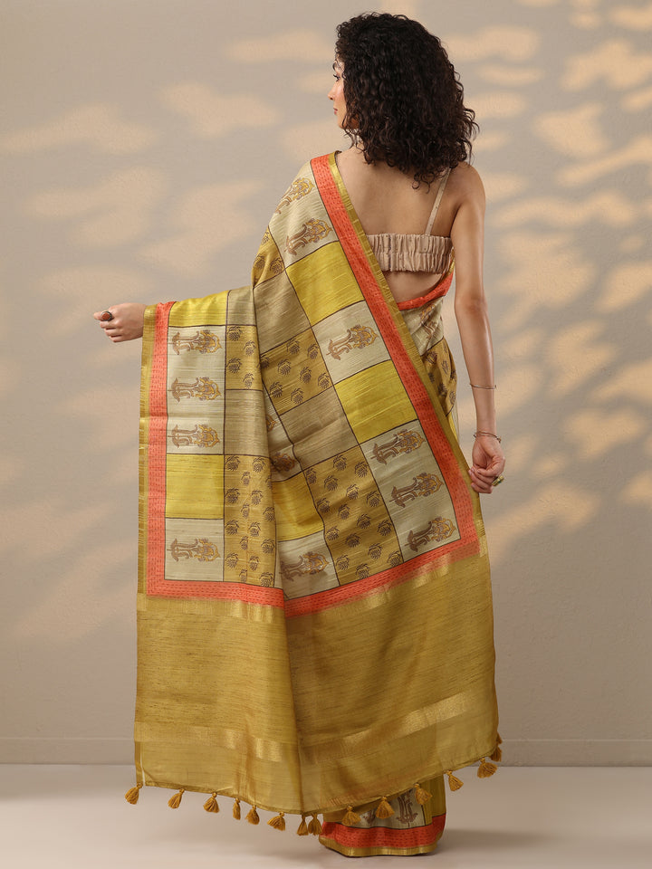 Gold Printed Silk Blend Saree With Unstitched Blouse Piece